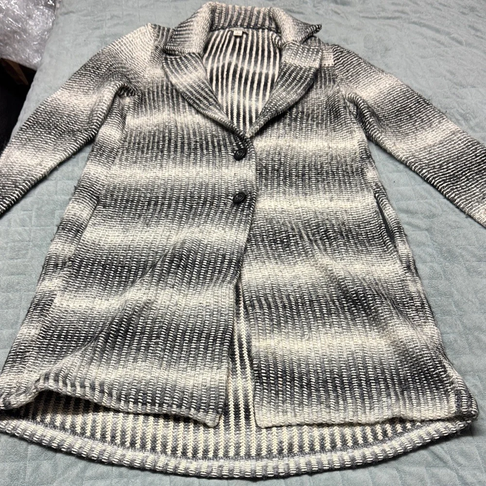 Lucky Brand Knit Cardigan, Long, Ombre, Black, Cream, Pockets, Boho, Size L